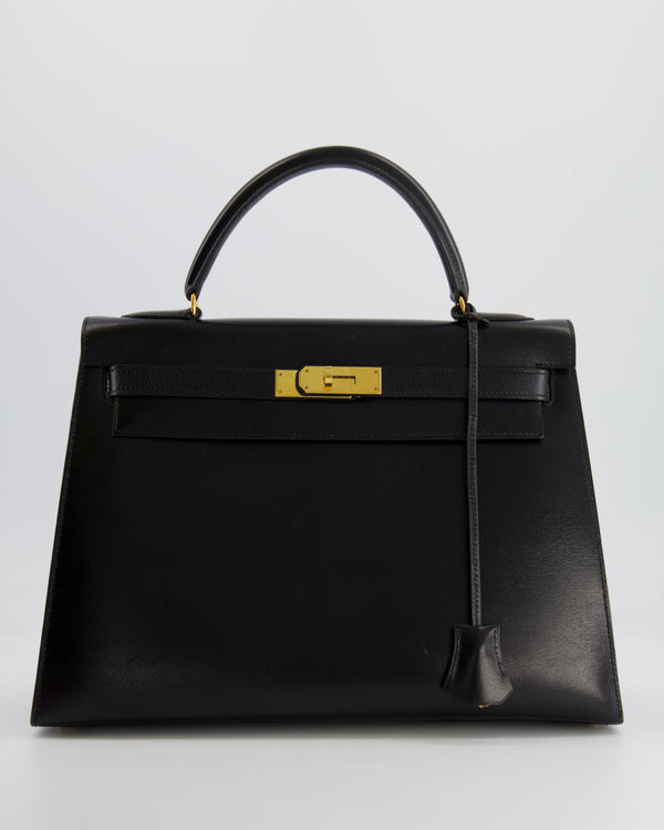 Hermès Vintage Black Kelly Sellier 32cm Bag in Calfskin Box Leather with Gold Hardware