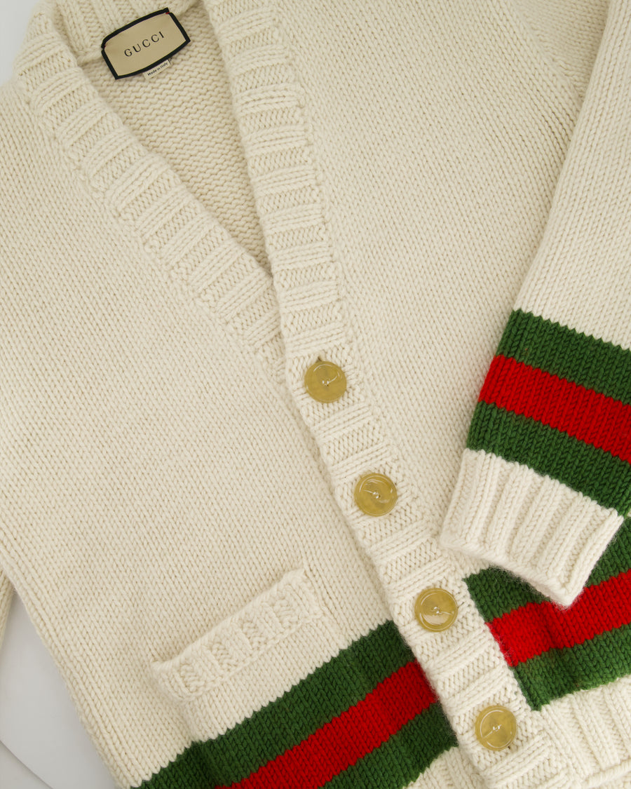 Gucci Cream Wool Cardigan with Green & Red Stripes Detail Size IT L (UK 40)