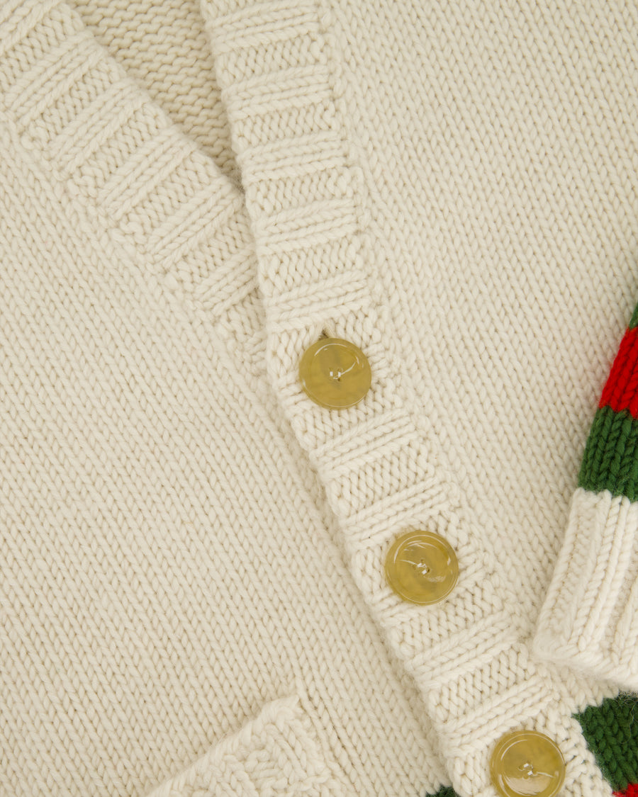 Gucci Cream Wool Cardigan with Green & Red Stripes Detail Size IT L (UK 40)