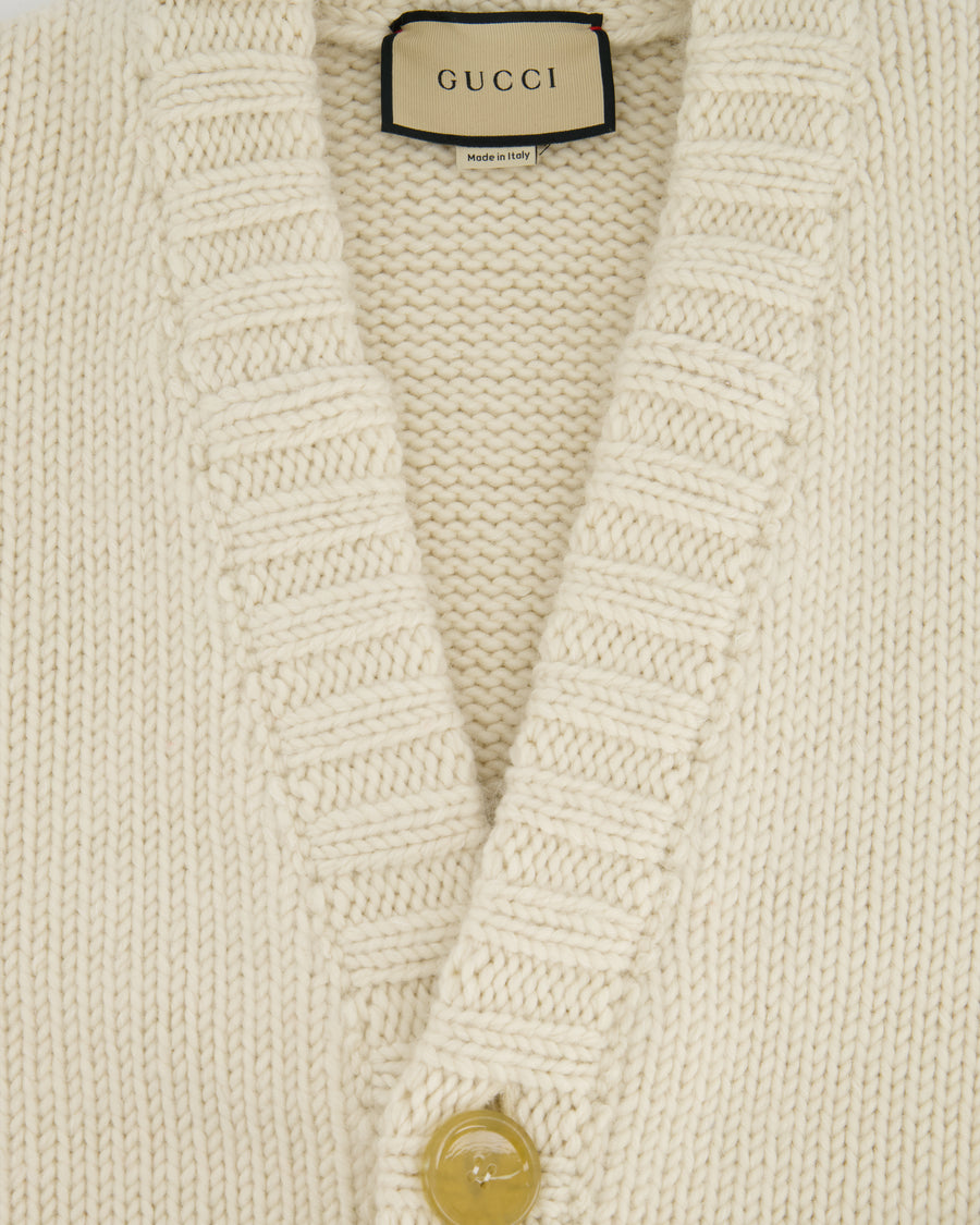 Gucci Cream Wool Cardigan with Green & Red Stripes Detail Size IT L (UK 40)