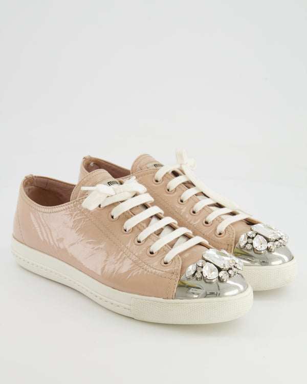 Miu Miu Light Pink Patent Trainers with Crystal Embellishments Size EU 39