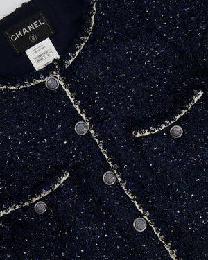 Chanel Navy, Black and White Tweed Short-Sleeve Jacket with Silver CC Buttons Size FR 40 (UK 12) RRP £3,550