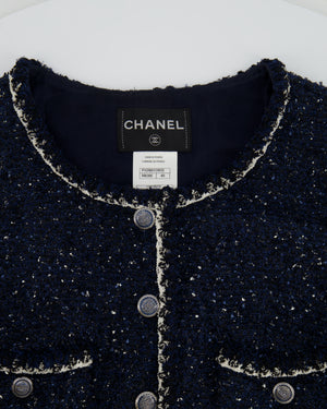 Chanel Navy, Black and White Tweed Short-Sleeve Jacket with Silver CC Buttons Size FR 40 (UK 12) RRP £3,550