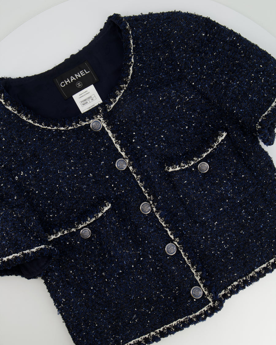 Chanel Navy, Black and White Tweed Short-Sleeve Jacket with Silver CC Buttons Size FR 40 (UK 12) RRP £3,550