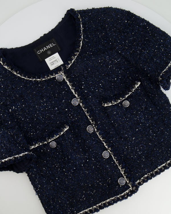 Chanel Navy, Black and White Tweed Short-Sleeve Jacket with Silver CC Buttons Size FR 40 (UK 12) RRP £3,550