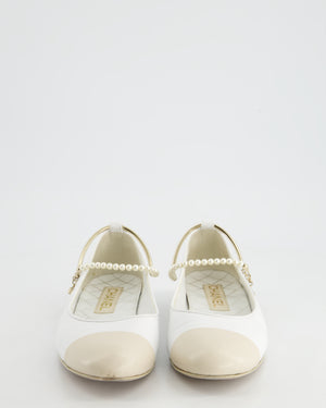 Chanel White Interlocking CC Ballet Flats with Pearl Chain Detail Size EU 38