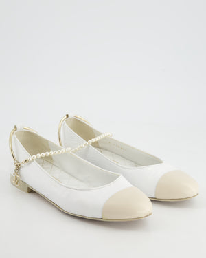 Chanel White Interlocking CC Ballet Flats with Pearl Chain Detail Size EU 38