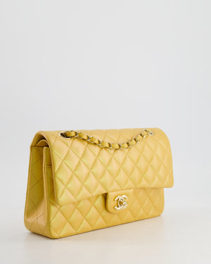 *HOT* Chanel Iridescent Mustard Yellow Medium Double Flap Bag in Lambskin Leather with Champagne Gold Hardware