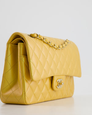 *HOT* Chanel Iridescent Mustard Yellow Medium Double Flap Bag in Lambskin Leather with Champagne Gold Hardware