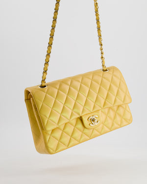 *HOT* Chanel Iridescent Mustard Yellow Medium Double Flap Bag in Lambskin Leather with Champagne Gold Hardware