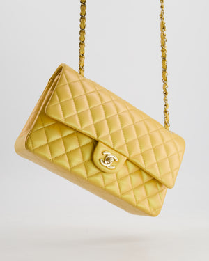 *HOT* Chanel Iridescent Mustard Yellow Medium Double Flap Bag in Lambskin Leather with Champagne Gold Hardware