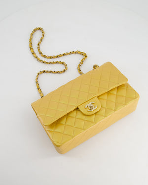 *HOT* Chanel Iridescent Mustard Yellow Medium Double Flap Bag in Lambskin Leather with Champagne Gold Hardware