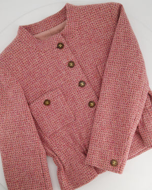 Chanel 01/A Pink Round Neck Tweed Button Down Jacket  with CC Logo Detail Size FR 42 (UK 14)