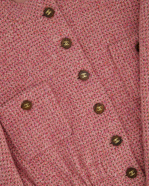 Chanel 01/A Pink Round Neck Tweed Button Down Jacket  with CC Logo Detail Size FR 42 (UK 14)