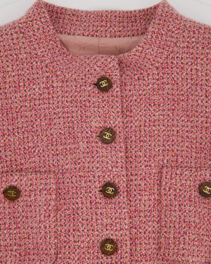 Chanel 01/A Pink Round Neck Tweed Button Down Jacket  with CC Logo Detail Size FR 42 (UK 14)