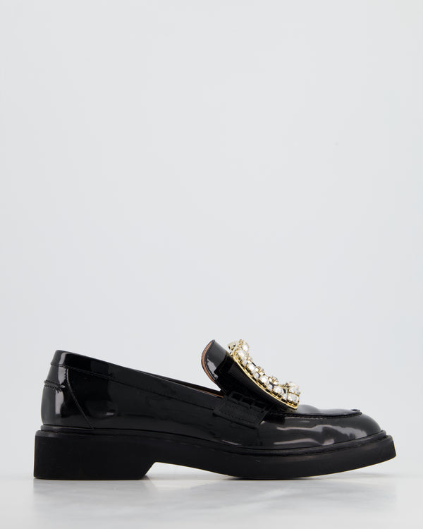 Roger Vivier Black Patent Leather Loafers With Crystal Buckle Detail Size 37