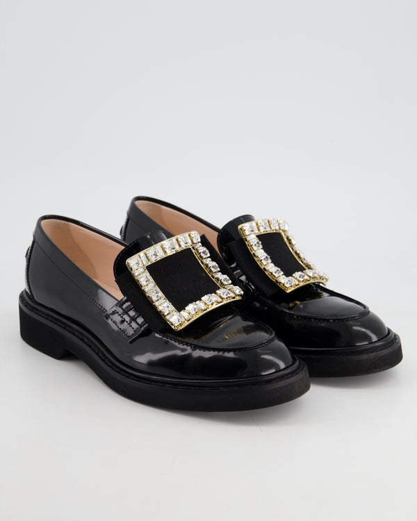 Roger Vivier Black Patent Leather Loafers With Crystal Buckle Detail Size 37