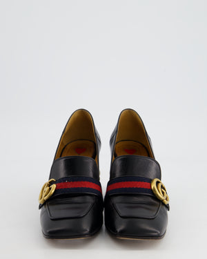 Gucci Black Marmont Heeled Leather Loafers with Peyton Pearls & Gold Embellishments Details Size EU 37