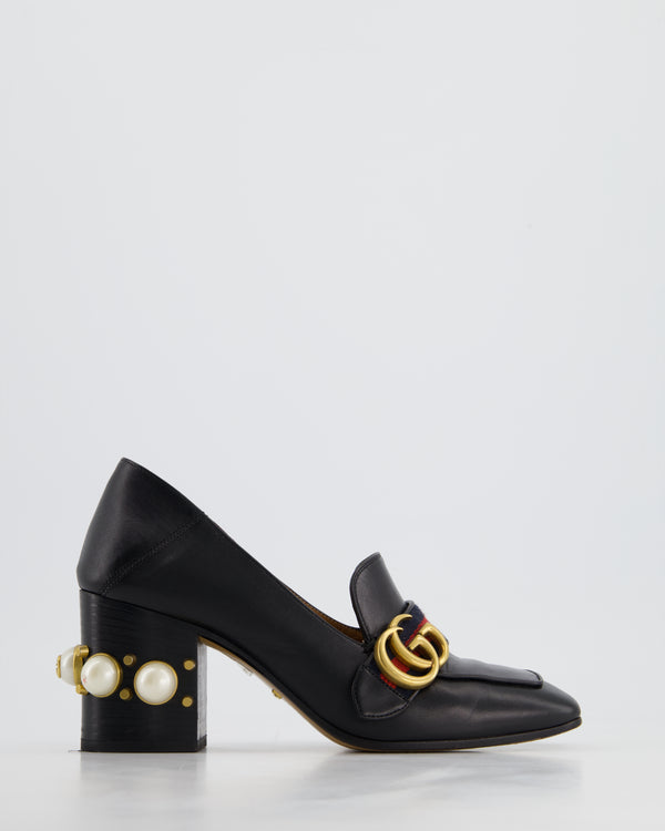 Gucci Black Marmont Heeled Leather Loafers with Peyton Pearls & Gold Embellishments Details Size EU 37