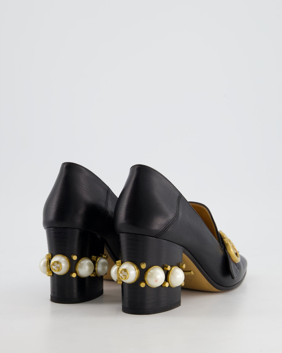 Gucci Black Marmont Heeled Leather Loafers with Peyton Pearls & Gold Embellishments Details Size EU 37