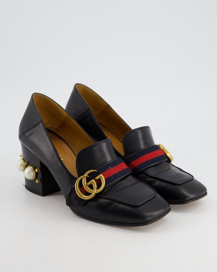 Gucci Black Marmont Heeled Leather Loafers with Peyton Pearls & Gold Embellishments Details Size EU 37