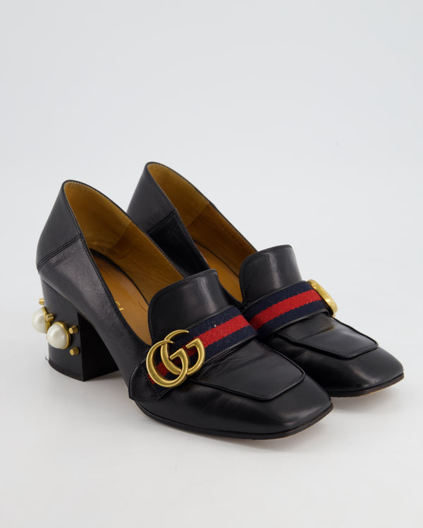 Gucci Black Marmont Heeled Leather Loafers with Peyton Pearls & Gold Embellishments Details Size EU 37