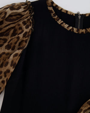 Dolce & Gabbana Black Dress with Leopard Silk Sleeves and Collar Size IT 42 (UK 10) RRP £1,450