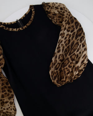 Dolce & Gabbana Black Dress with Leopard Silk Sleeves and Collar Size IT 42 (UK 10) RRP £1,450