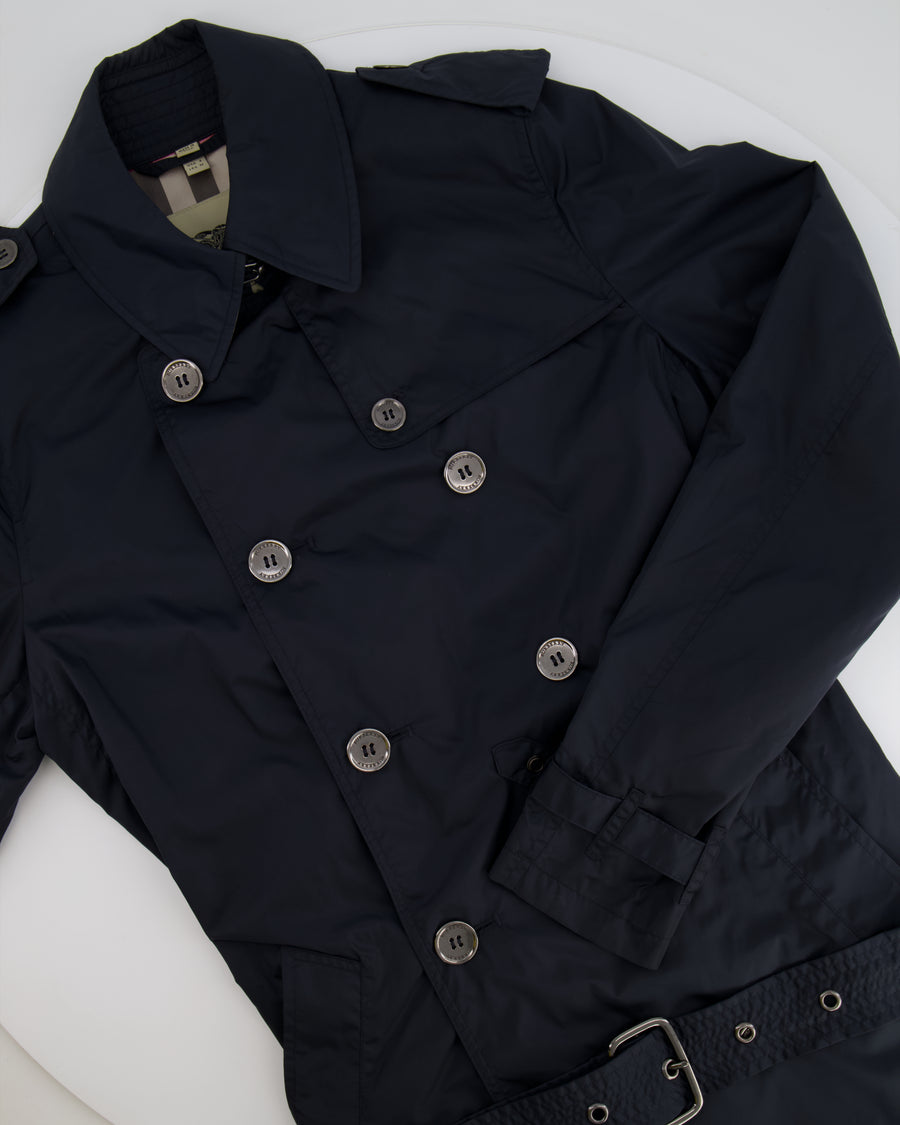 Burberry Navy Classic Trench Coat with Belt and Button Details Size UK 8