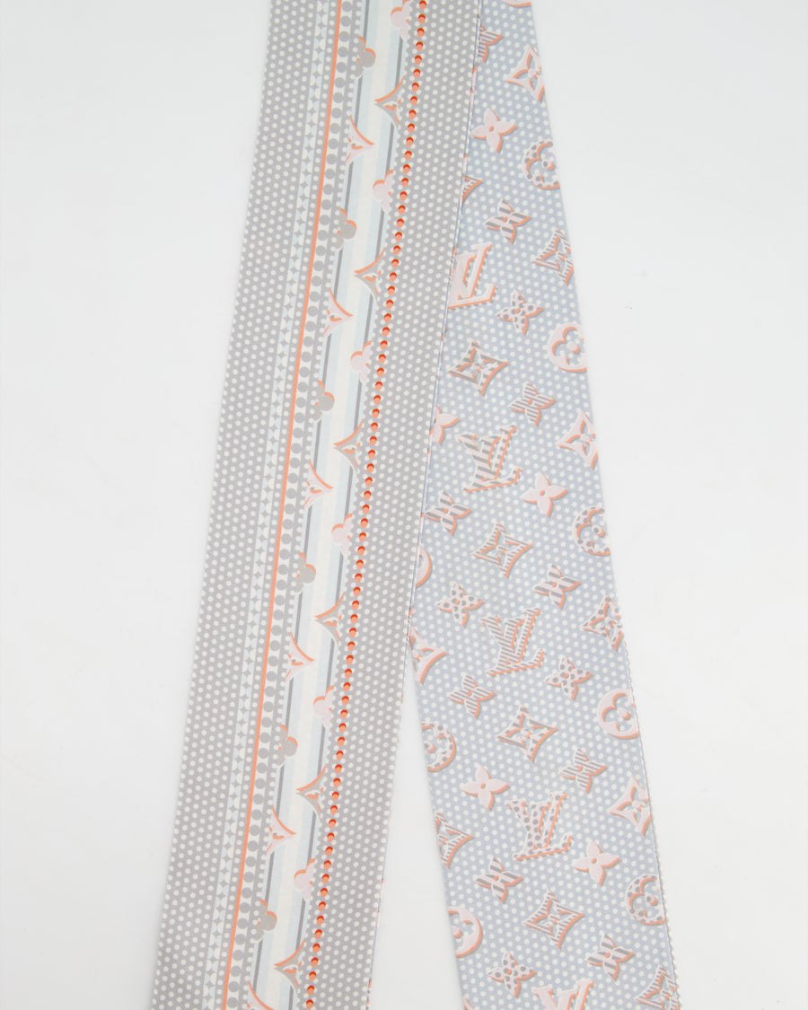 Louis Vuitton Grey & Coral Pink Silk Twilly with Monogram Detail