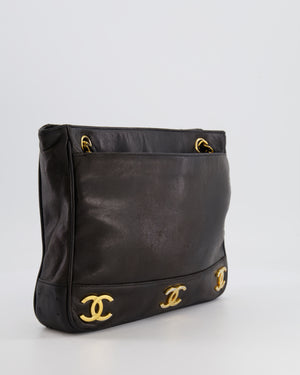 Chanel Vintage Black Small Tote Bag in Lambskin Leather with Gold CC Logos