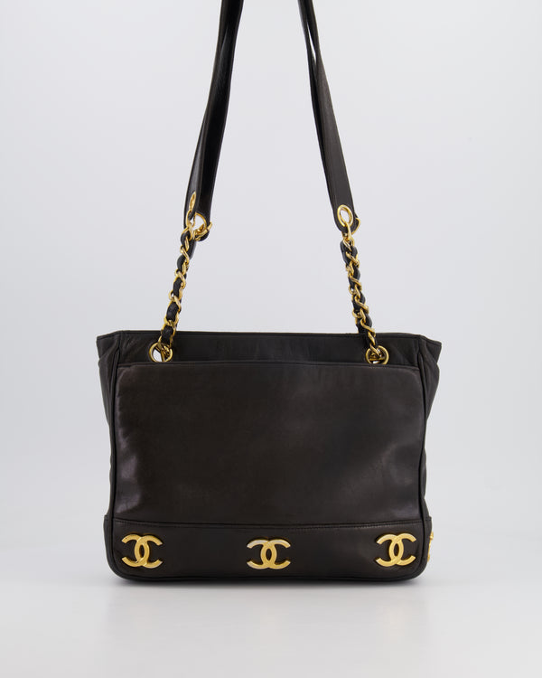 Chanel Vintage Black Small Tote Bag in Lambskin Leather with Gold CC Logos