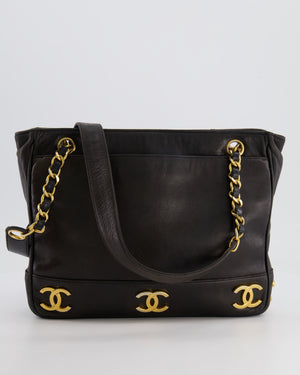 Chanel Vintage Black Small Tote Bag in Lambskin Leather with Gold CC Logos