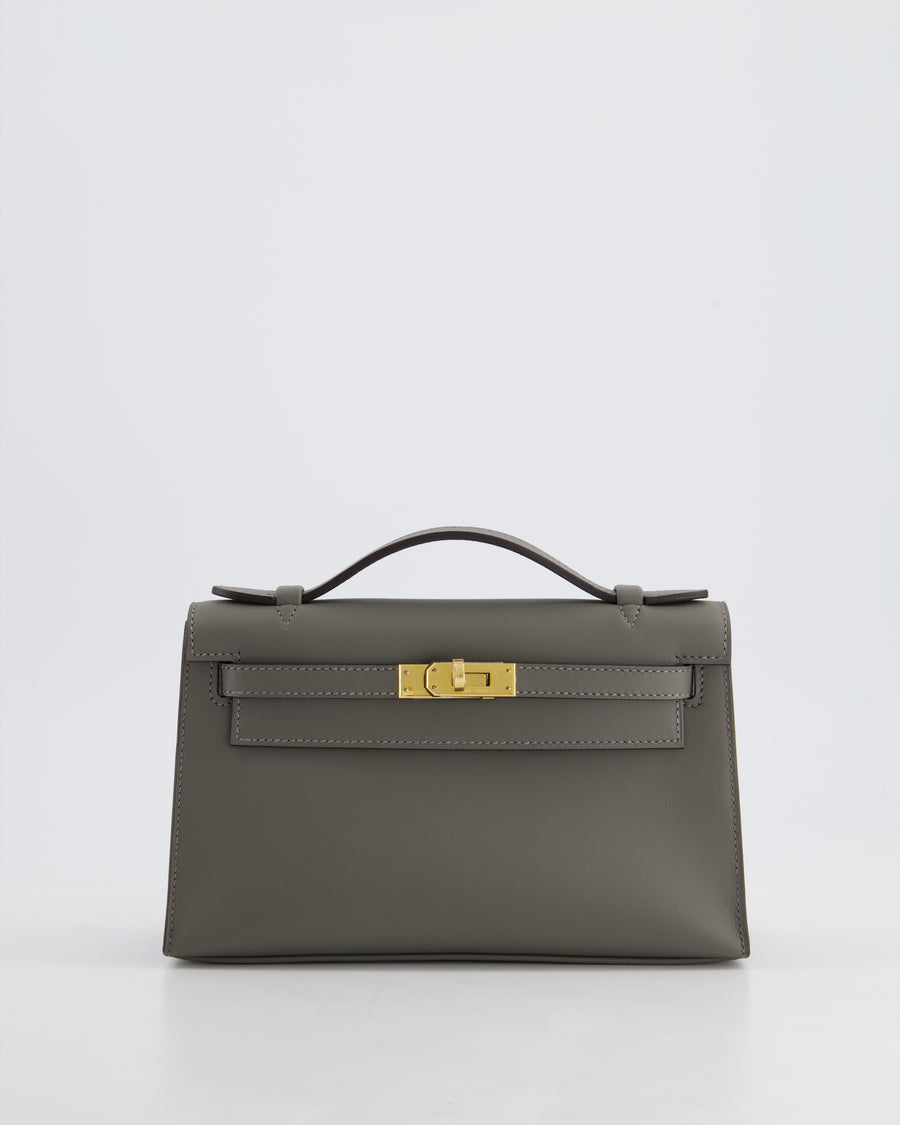 Hermès Kelly Pochette Bag in Gris Meyer Swift Leather with Gold Hardware