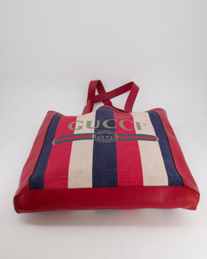 Gucci Red, Navy and White Sylvie Baiadera Striped Leather and Canvas Tote Bag with Logo Detail