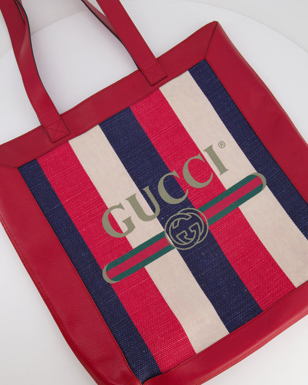 Gucci Red, Navy and White Sylvie Baiadera Striped Leather and Canvas Tote Bag with Logo Detail