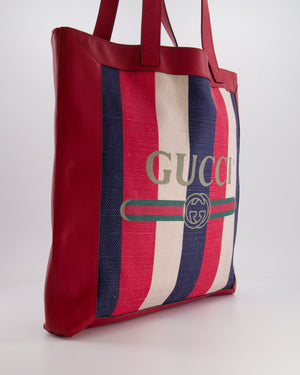 Gucci Red, Navy and White Sylvie Baiadera Striped Leather and Canvas Tote Bag with Logo Detail