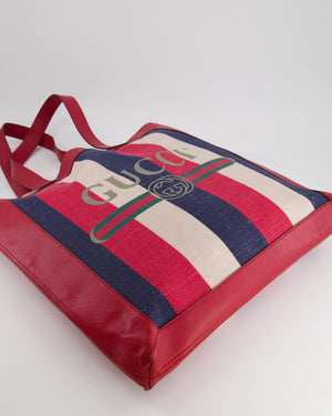 Gucci Red, Navy and White Sylvie Baiadera Striped Leather and Canvas Tote Bag with Logo Detail