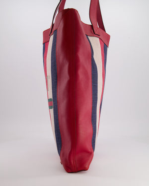 Gucci Red, Navy and White Sylvie Baiadera Striped Leather and Canvas Tote Bag with Logo Detail