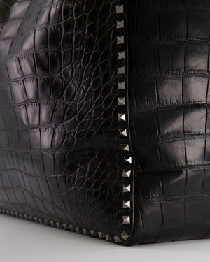 Valentino Black and Brown Reversible Crocodile Studded Tote Bag with Tone-on-Tone-Finish Hardware