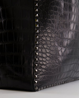 Valentino Black and Brown Reversible Crocodile Studded Tote Bag with Tone-on-Tone-Finish Hardware