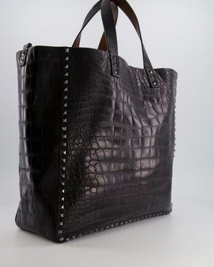 Valentino Black and Brown Reversible Crocodile Studded Tote Bag with Tone-on-Tone-Finish Hardware