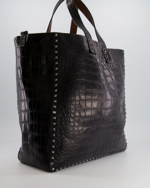 Valentino Black and Brown Reversible Crocodile Studded Tote Bag with Tone-on-Tone-Finish Hardware