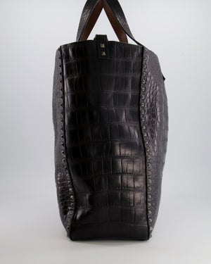 Valentino Black and Brown Reversible Crocodile Studded Tote Bag with Tone-on-Tone-Finish Hardware