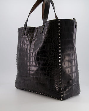 Valentino Black and Brown Reversible Crocodile Studded Tote Bag with Tone-on-Tone-Finish Hardware