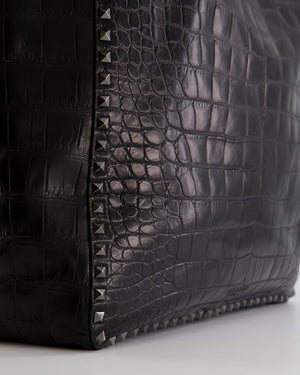 Valentino Black and Brown Reversible Crocodile Studded Tote Bag with Tone-on-Tone-Finish Hardware