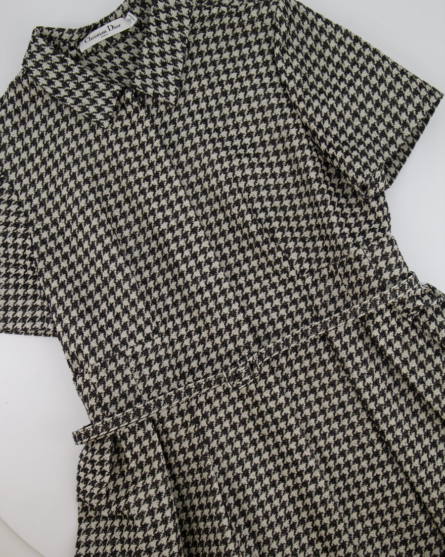 Christian Dior Black and White Houndstooth Short-Sleeve Midi Dress with Belt Size FR 42 (UK 14)