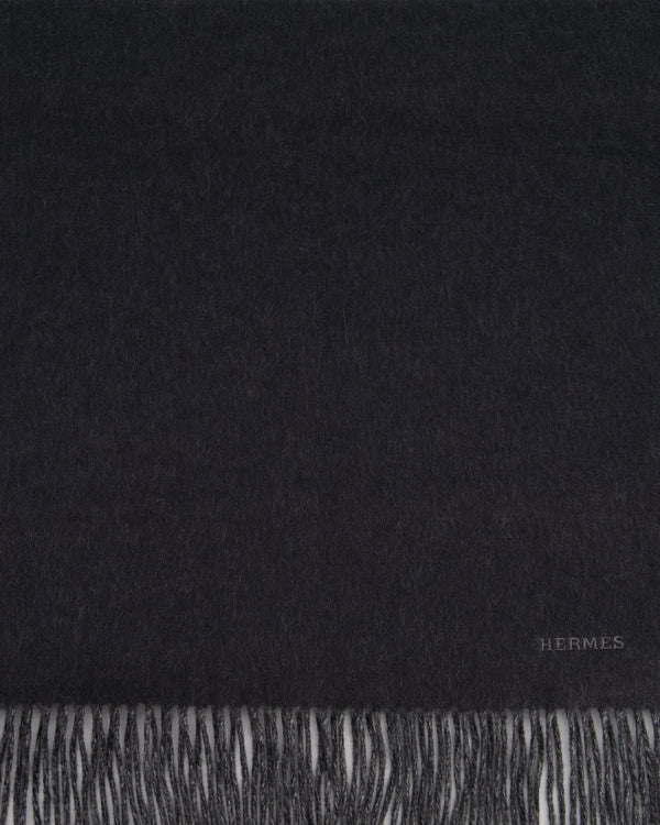 Hermès Dark Grey Two Tone Cashmere Scarf with Stitched Logo Size 160cm x 40cm