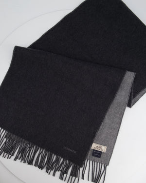 Hermès Dark Grey Two Tone Cashmere Scarf with Stitched Logo Size 160cm x 40cm