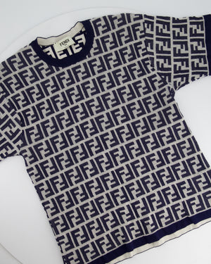 Fendi Navy and White FF Monogram Knit Short Sleeve T-Shirt Size IT 36 (UK 4)